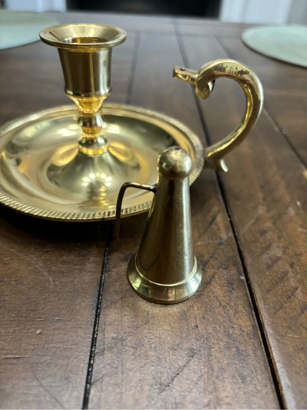 Vintage brass chamberstick candle holder with snuffer